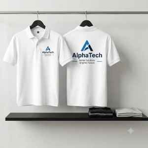 Custom white corporate t shirt with front and back company logo print
