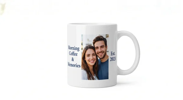 Custom personalized ceramic photo coffee mug with printed portrait photo on modern tabletop