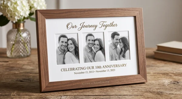 Personalized anniversary photo frame with 3 couple photos and custom date on wooden table