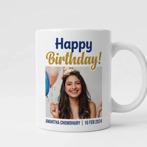Personalized birthday photo coffee mug with custom photo print and happy birthday wish