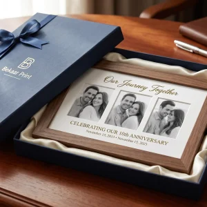 Personalized anniversary photo frame with 3 couple photos and custom date on wooden table