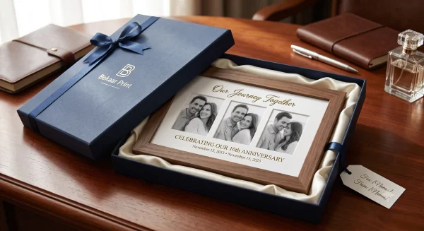 Personalized anniversary photo frame with 3 couple photos and custom date on wooden table