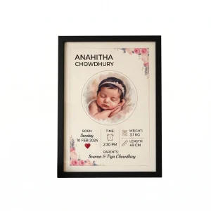 Personalized newborn baby birth stats photo frame with birth time weight length in black frame