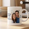 Custom personalized ceramic photo coffee mug with printed portrait photo on modern tabletop