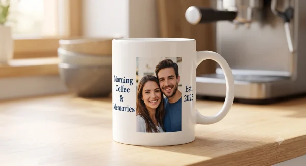 Custom personalized ceramic photo coffee mug with printed portrait photo on modern tabletop