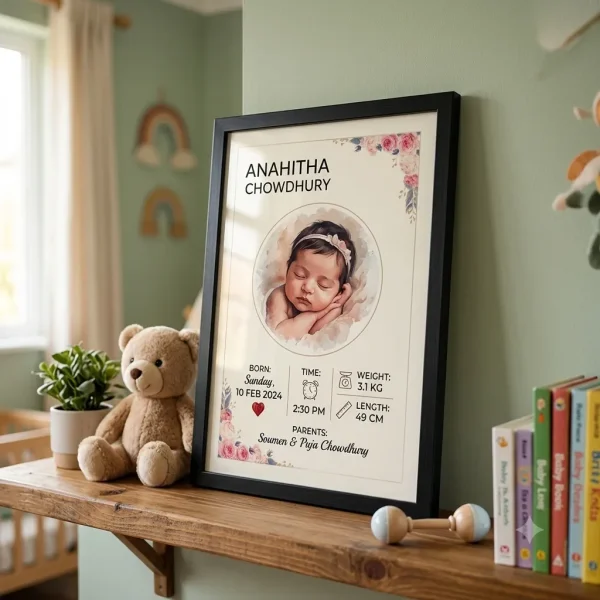 Personalized newborn baby birth stats photo frame with birth time weight length in black frame