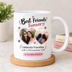 Custom photo coffee mug with vibrant personalized print on glossy white ceramic