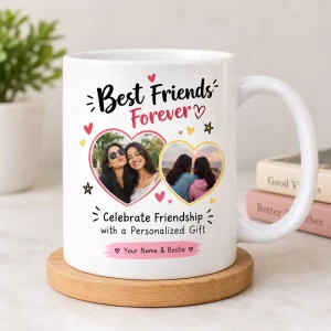 Custom photo coffee mug with vibrant personalized print on glossy white ceramic